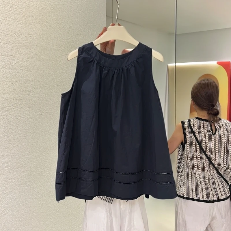 民族风镂空设计感无袖背心女2025年夏季新款小众休闲宽松蓝色上衣