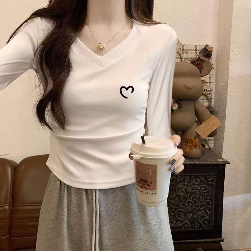 不规则长袖t恤女时尚百搭V领上衣修身短款小个子打底衫2025春秋季