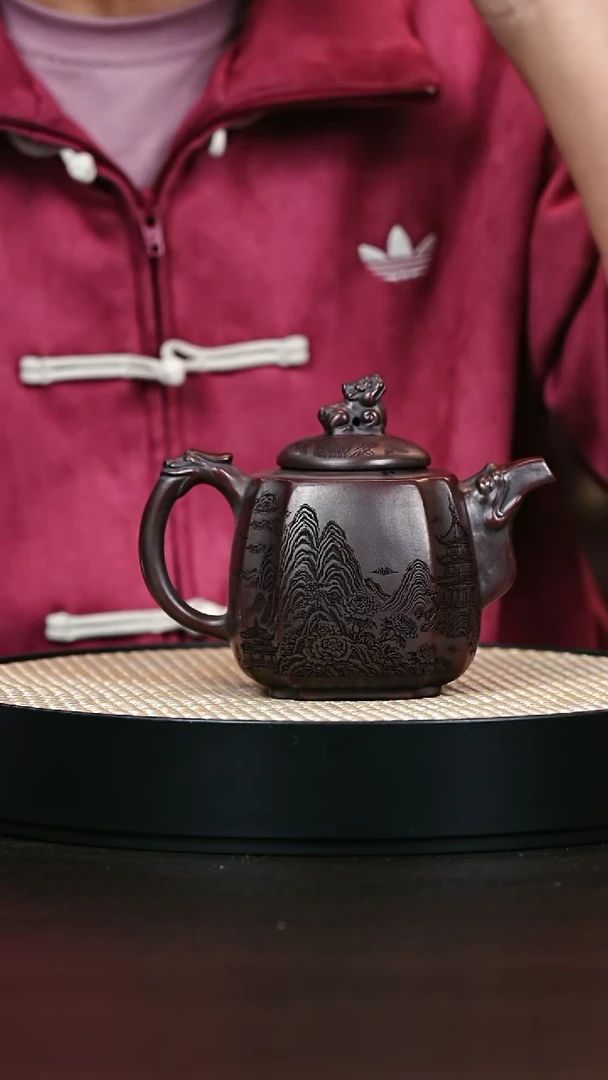 茶壶紫砂铁血红砂抽绞八方瑞兽300cc