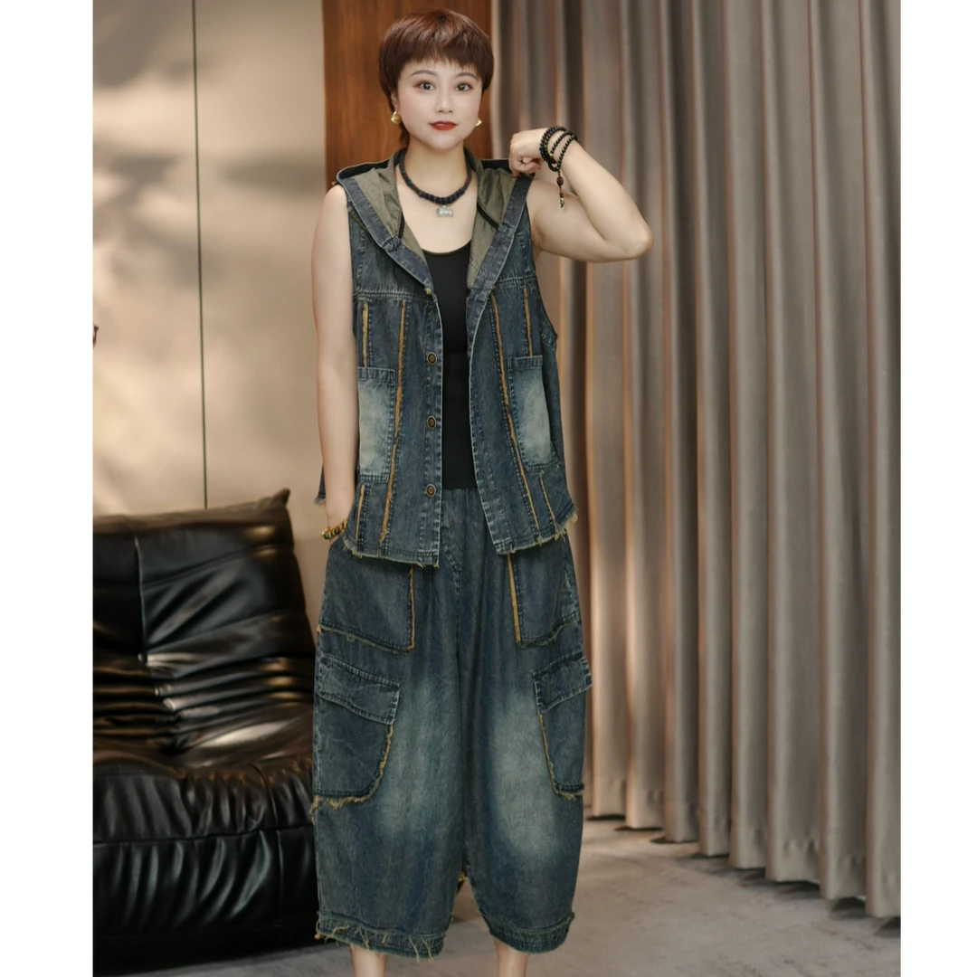 夏款新款原创设计个性款毛边牛仔连帽套装休闲薄款宽松