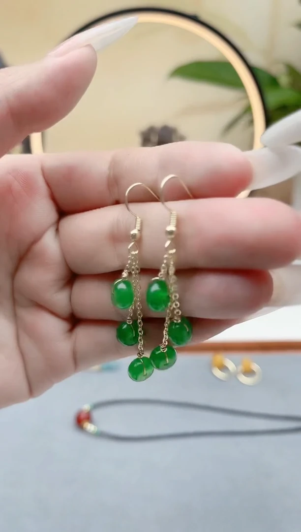 石英质玉银S925镶嵌耳饰00绿色三连珠