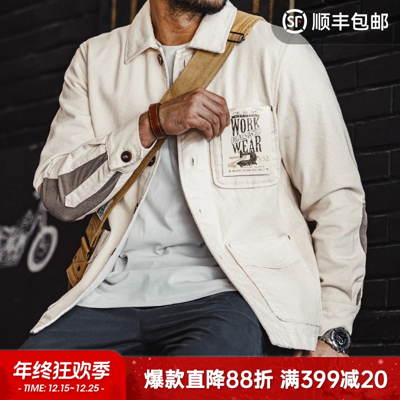 马登工装法式复古重磅棉籽壳夹克斜纹纯棉翻领灯芯绒拼接外套男春