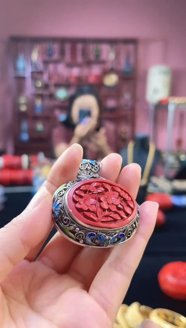 非遗 花丝镶嵌雕漆吊坠 素银 椭圆