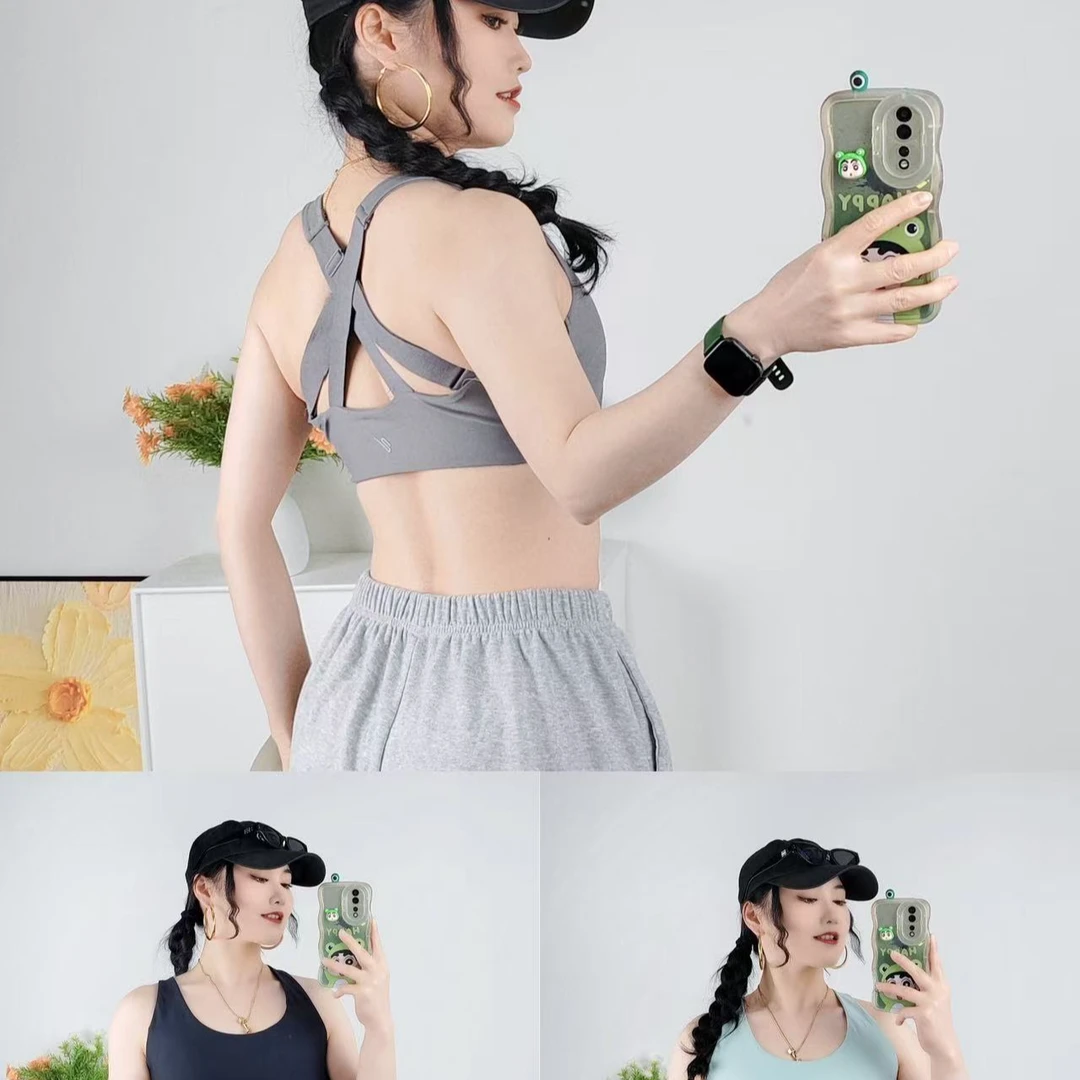 辣妹款！外穿强压运动瑜伽宽肩带交叉四根绳带胸垫美背女（15EF）