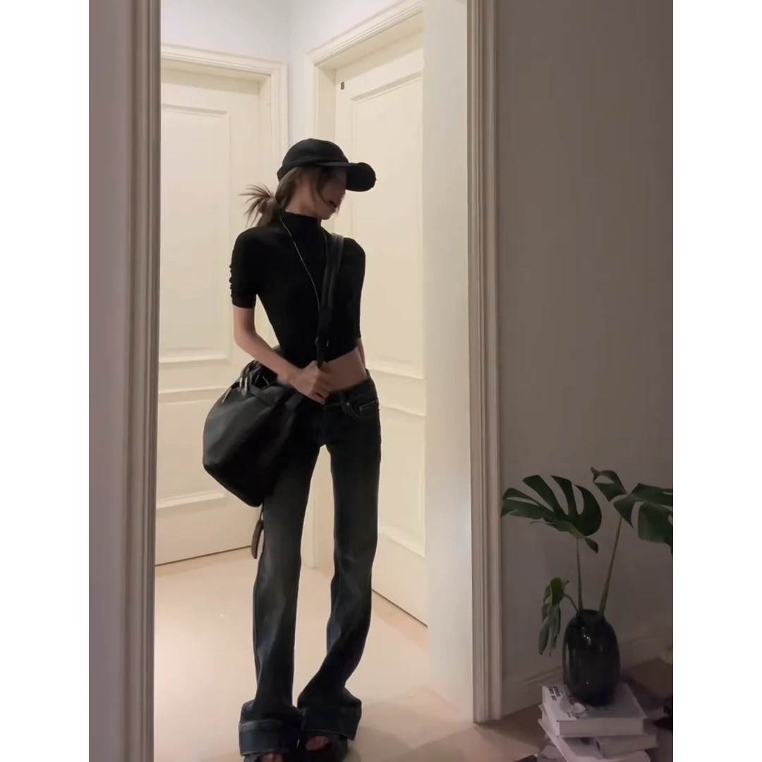 MARIE.COCO辣妹风穿搭两件套装女黑色半高领修身上衣显瘦牛仔长裤