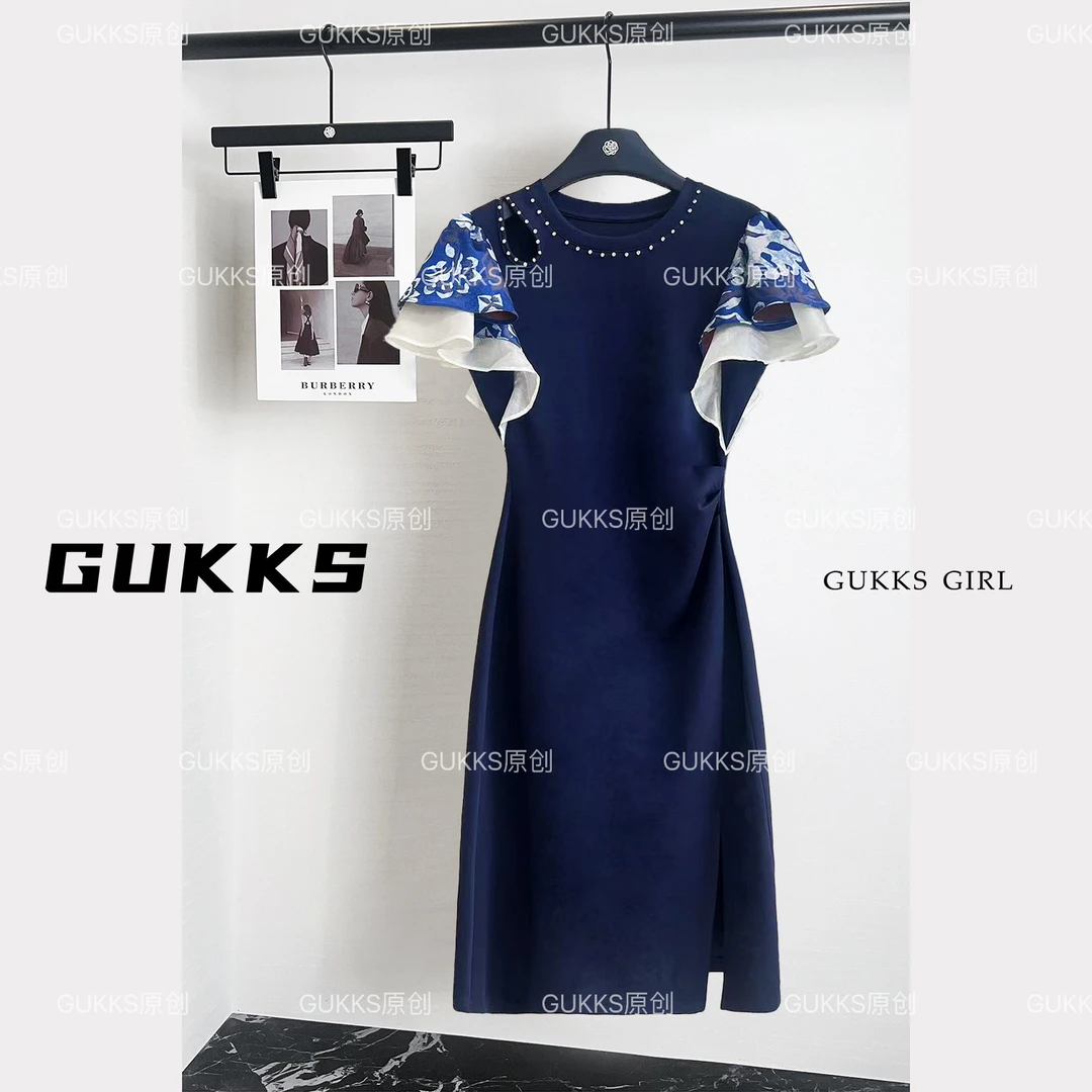 GUKKS/2025夏款复古轻奢荷叶边飞飞袖收腰显瘦连衣裙GK663