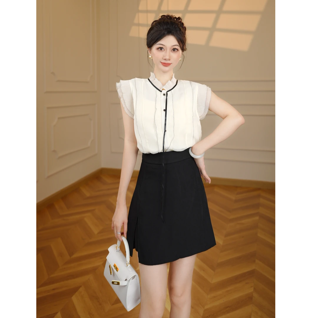 【张小小】【两件套】【有里布】甜美木耳衬衫女夏短袖套装D2676