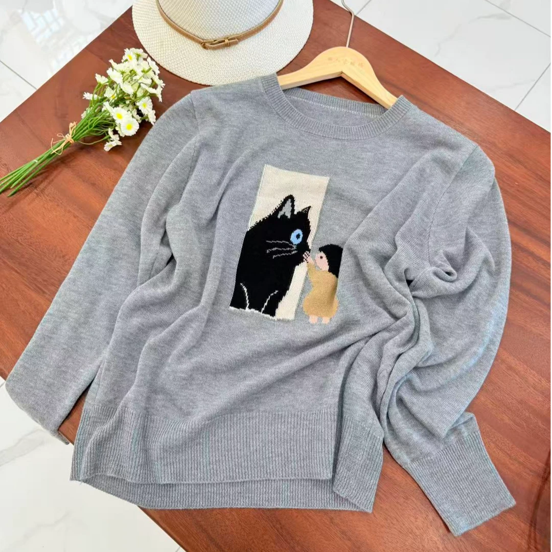 【羊毛桑蚕丝】早秋新款猫宽松百搭针织圆领女打底衫T恤长袖788