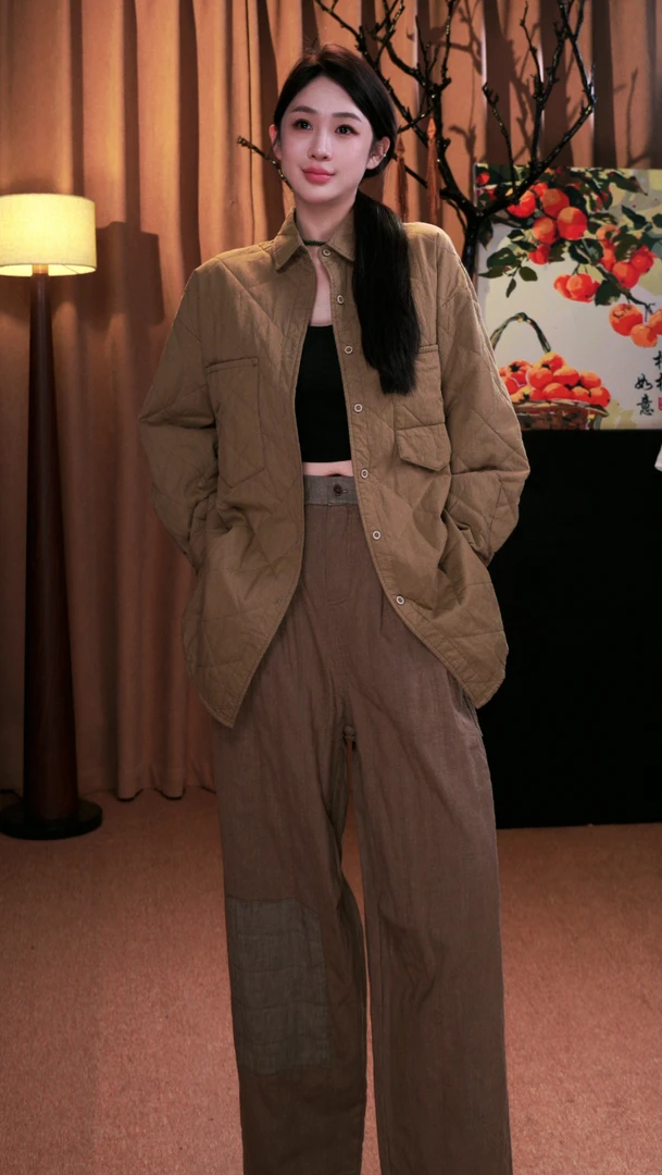 壹木纯色麻味保暖中长款气质外套