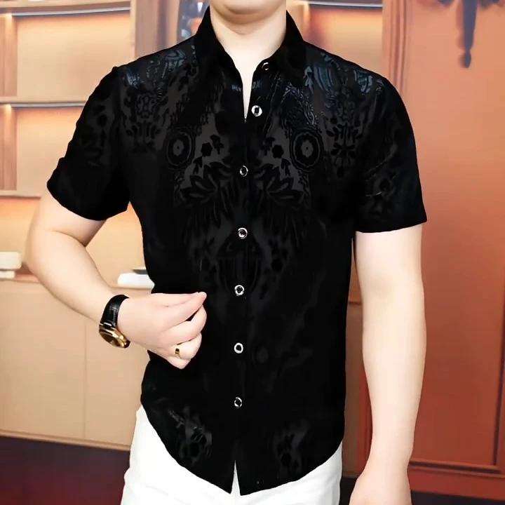 《盘龙花》2025夏衬衫男士修身翻领帅气商务休闲百搭潮流时尚个性