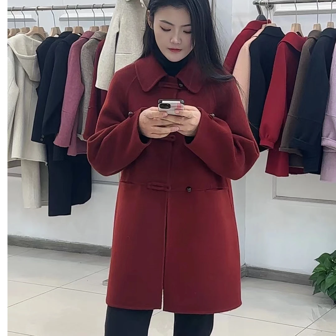阿尔巴卡100%绵羊毛大衣气质时尚红色韩版秋冬女士百搭显瘦