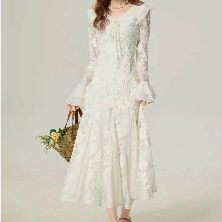 法式鱼尾裙早春绝美长裙显瘦穿搭连衣裙2025新款收腰长裙甜美春季