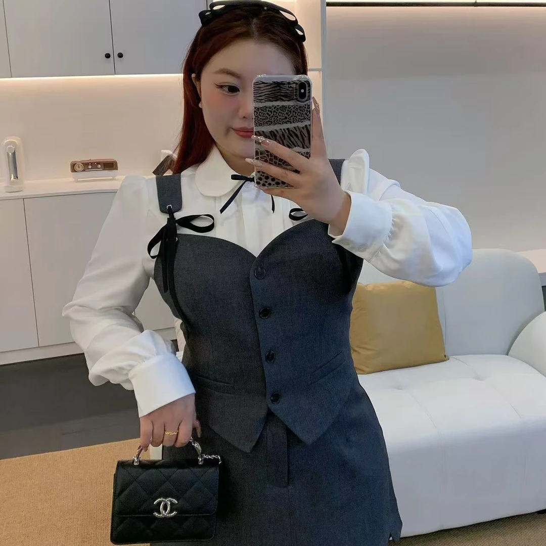 慧芝huizhi 贝尔礼物 定制蝴蝶结肩带马甲半裙灰色两件套装DS850