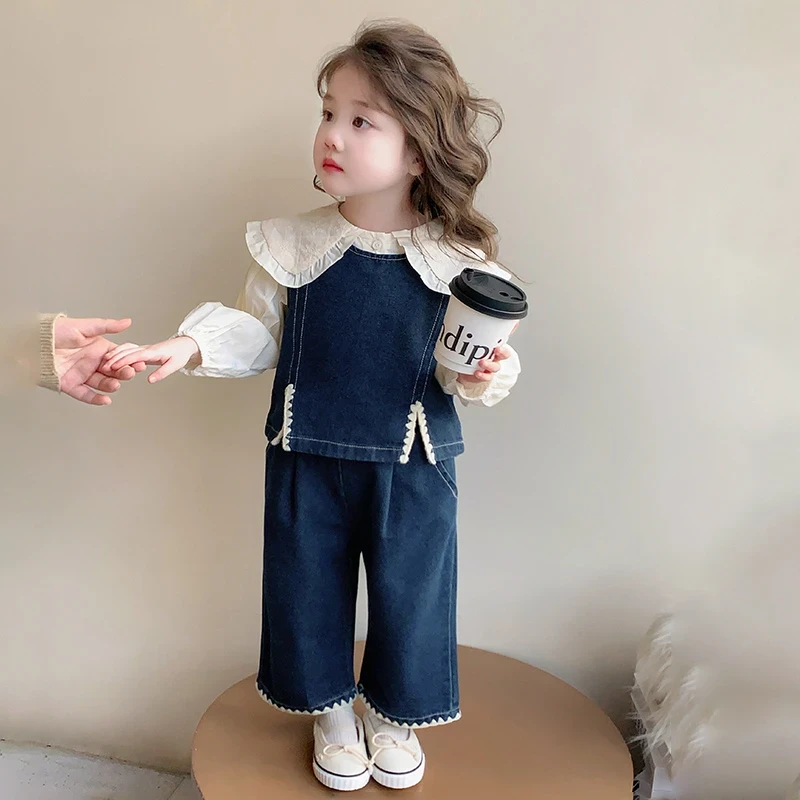 儿童韩版休闲时髦牛仔女女童宝宝新款春秋装小女孩套装洋气三件套