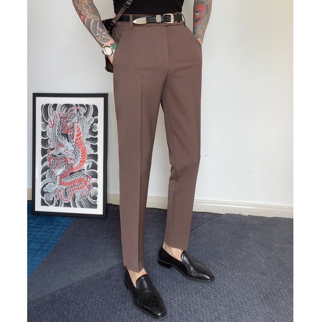 【西蒙曹】时尚男士显瘦垂感纯色百搭松紧高腰修身西裤