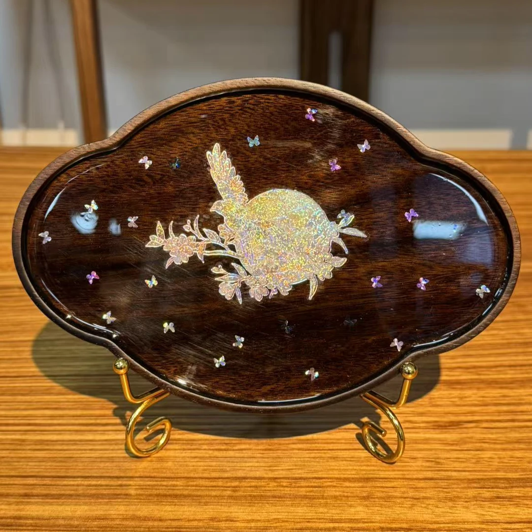 龙福木艺金丝柚木海棠螺钿壶承21*14*2cm