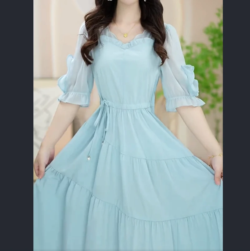中长裙夏季法式中腰纯色优雅连衣裙小个子显瘦气质优雅