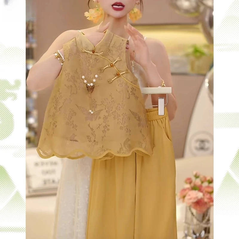 女童无袖中国风阔腿裤套装2025夏季中大童新中式背心提花盘扣裙裤