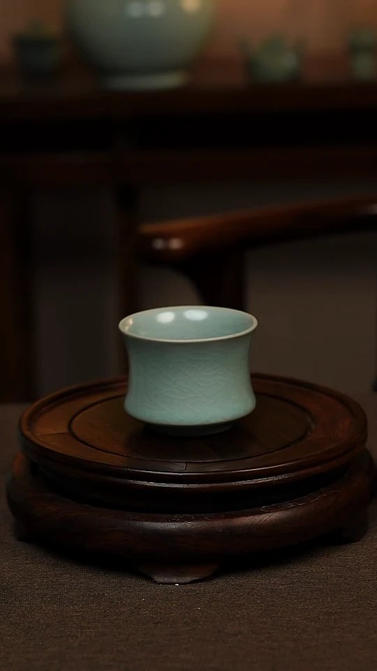 瓷片仿古天青全手束腰杯100ml 微瑕 不带礼盒