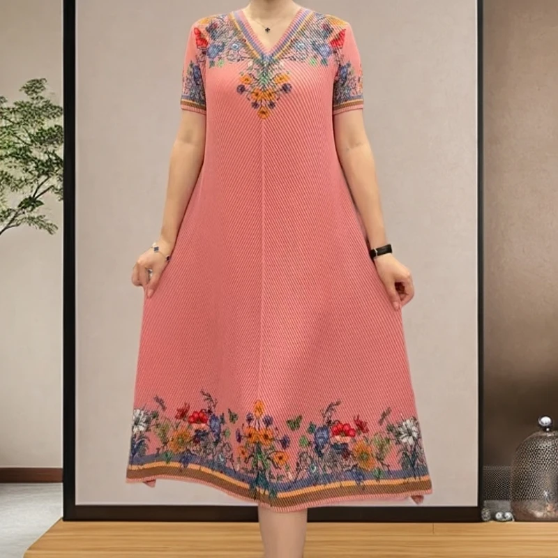 【憬衣】夏季新款短袖女款中老年夏季透气半袖民族风中长款连衣裙