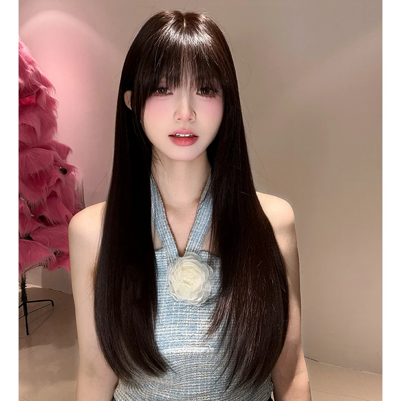 【甜美爆膨  免发网】递针新工艺黑长直齐刘海假发片