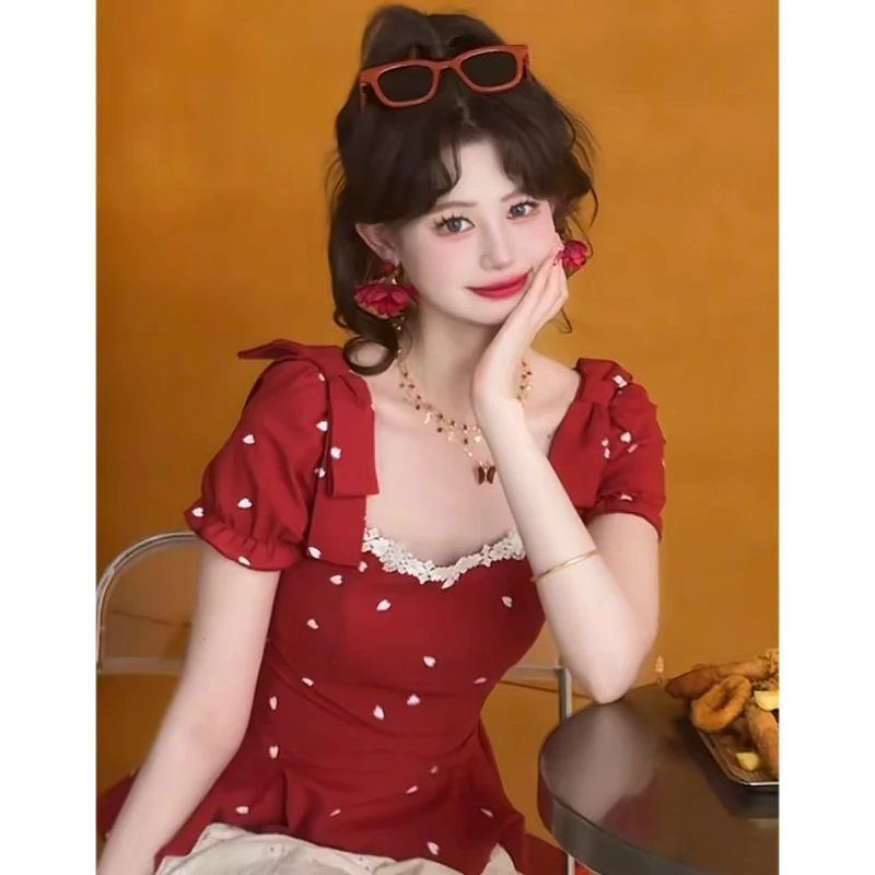 【可爱女人】法式夏季新款爱心波点吊带修身显瘦上衣Y5299