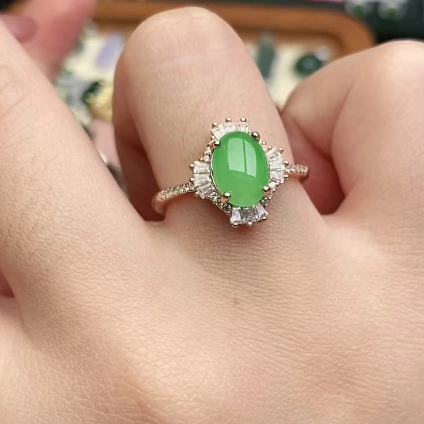 鑫辰珠宝天然A货翡翠银镶嵌设计款开口女戒指时尚百搭