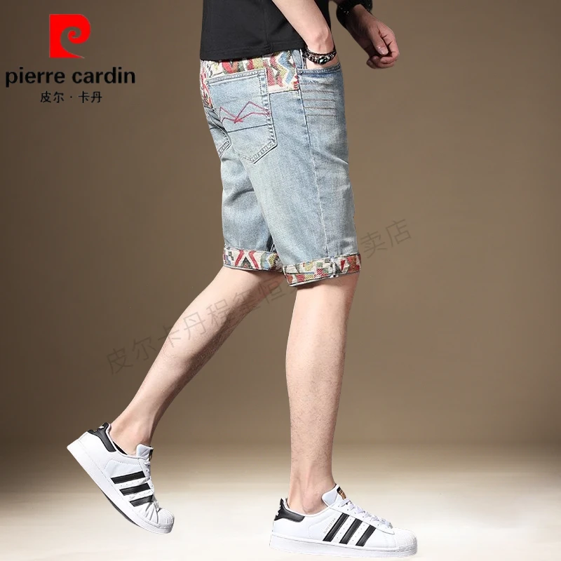 皮尔卡丹夏季宽松男短裤新款高端刺绣破洞牛仔裤子潮牌时尚五分裤