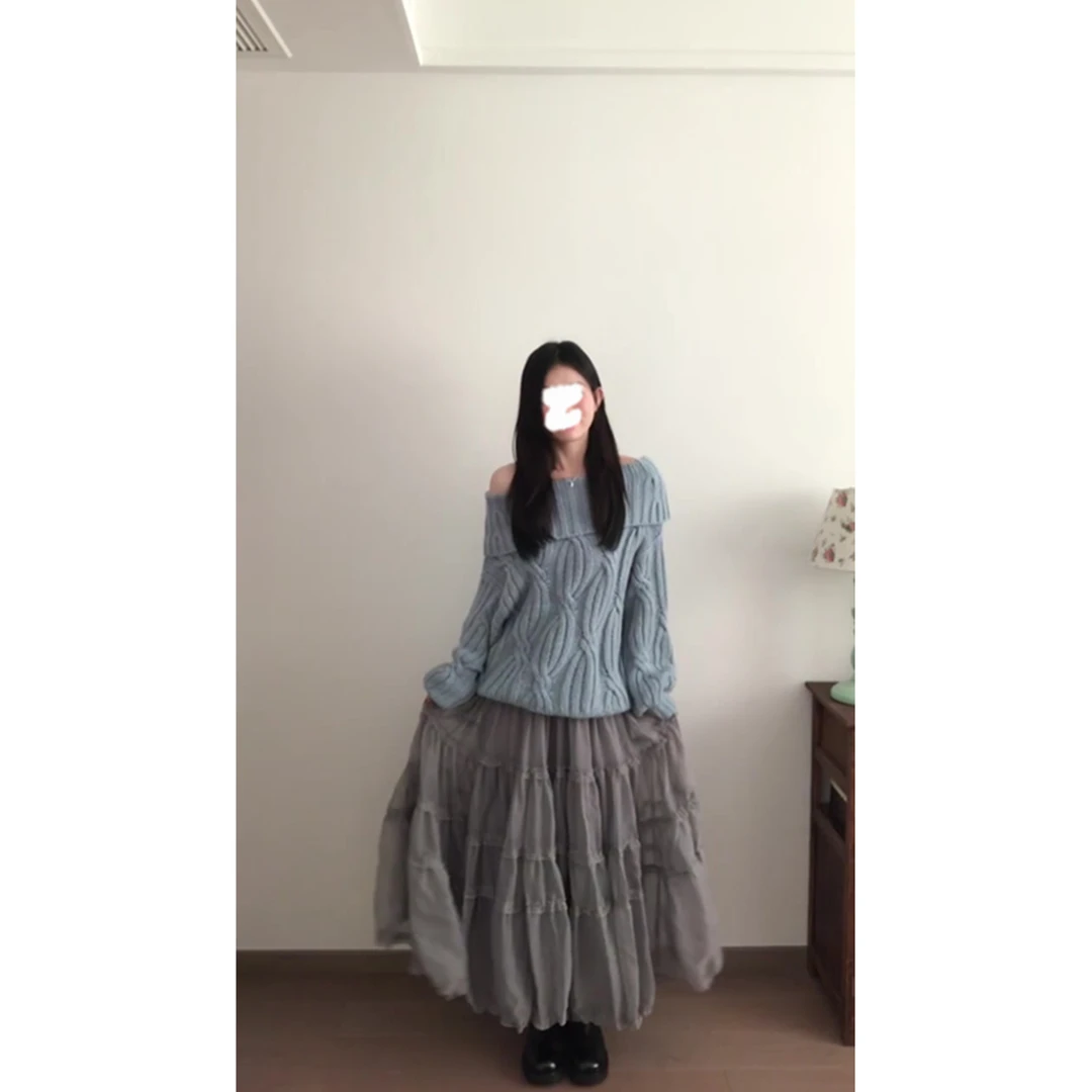 2025韩系百搭蓝色针织毛衣春秋设计感灰色半身裙两件套