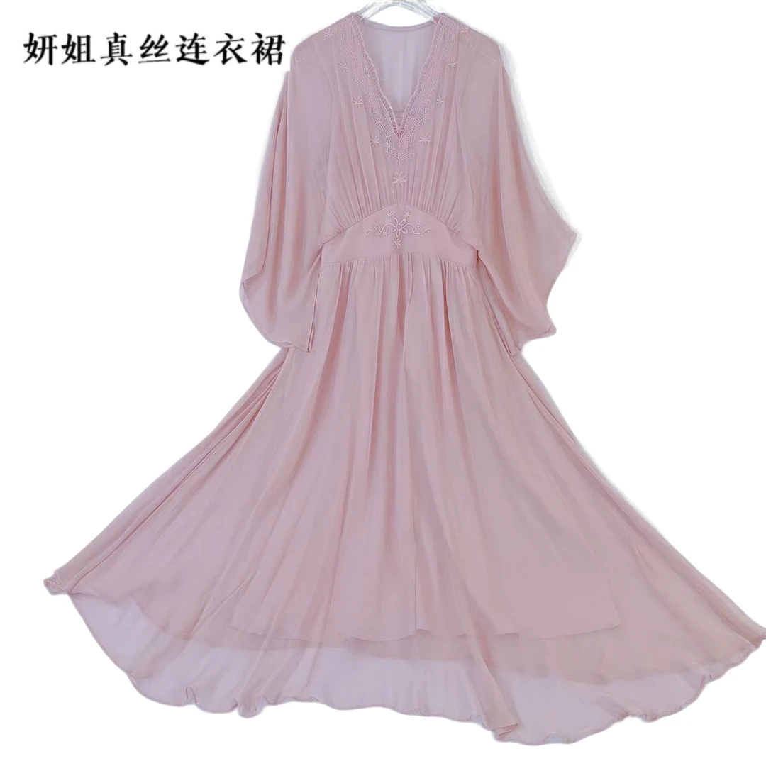妍姐2025春夏新款花V领修身长裙高端走秀真丝连衣裙 粉色 252062