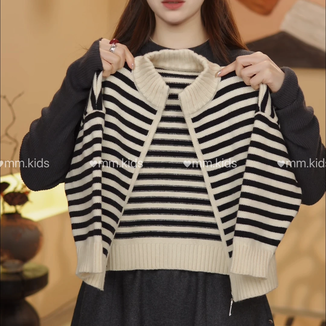 2025春季新款儿童韩版针织拉链时尚条纹毛衣开衫外套百搭休闲