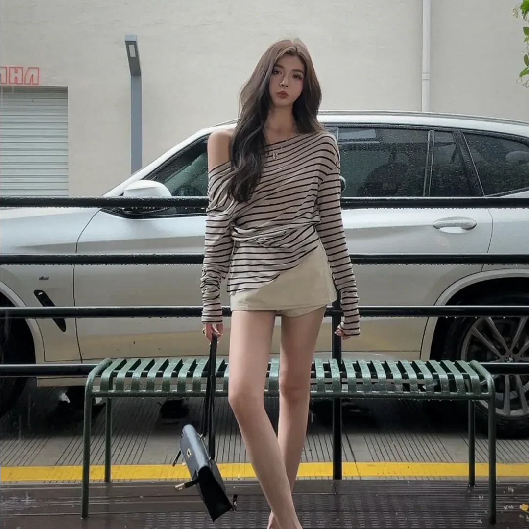 条纹修身型时尚设计感宽松型T恤气质长袖显瘦时尚百搭