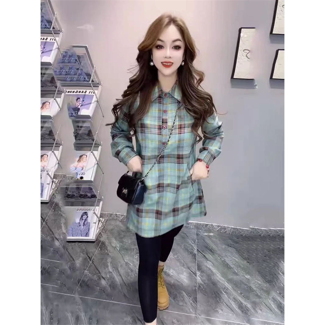 欧货衬衫女2025春季新款气质减龄半开领休闲中长款格子衬衣打底衫