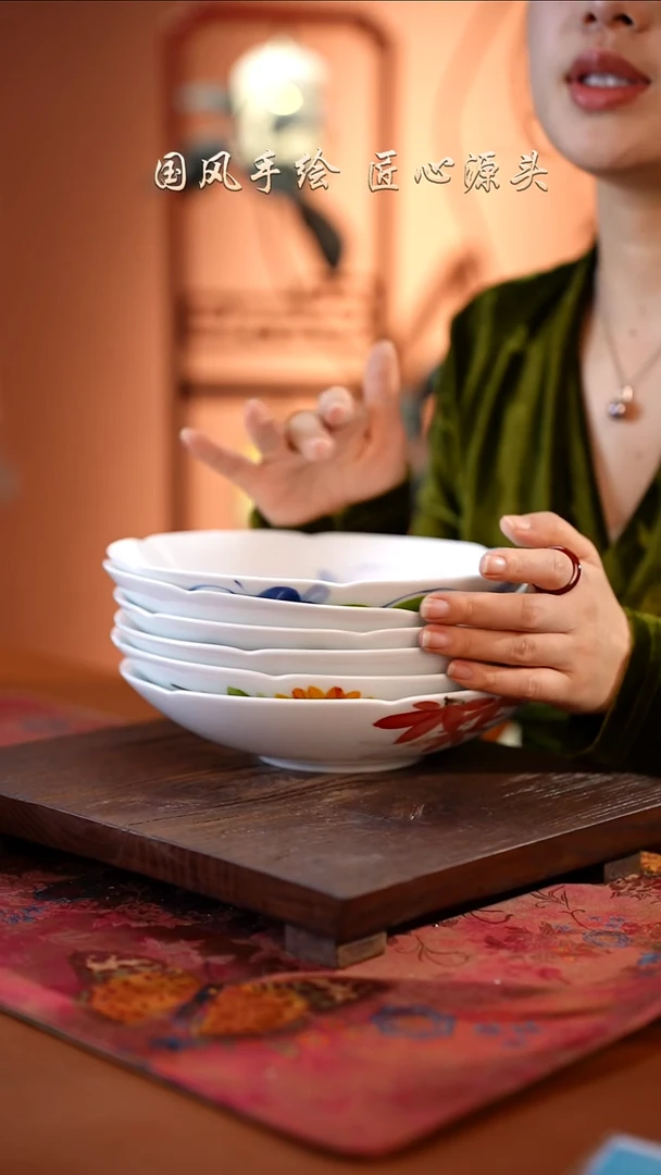 陶瓷景德镇高温釉中彩餐具葵口盘直径21高5  6只