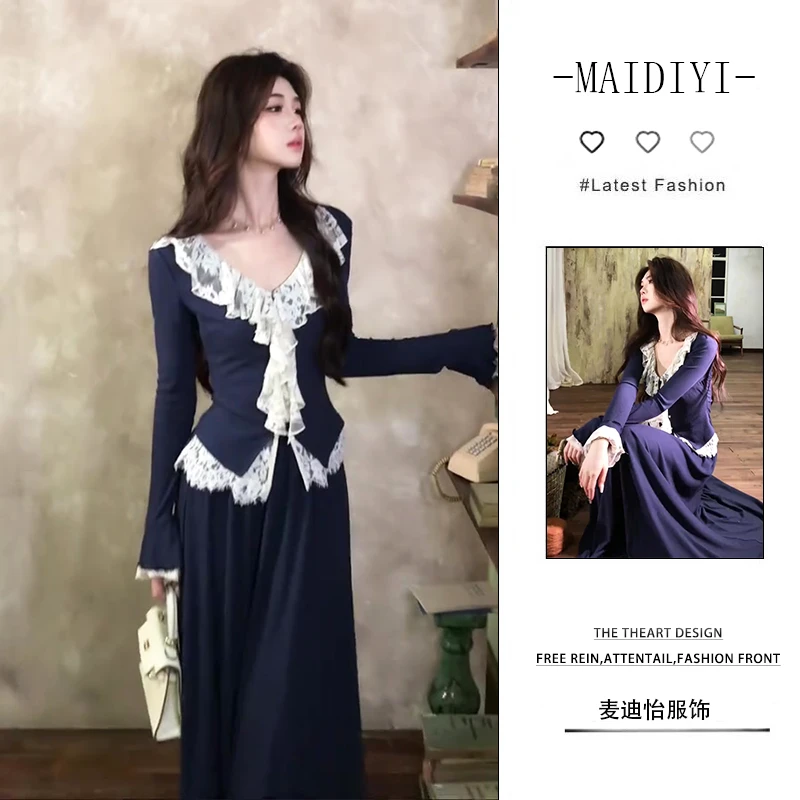 【新款】2025早秋百搭韩系蕾丝拼接休闲气质女上衣显瘦半身裙两件套