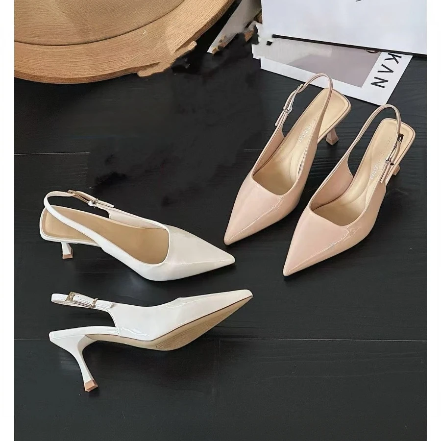 裸色高跟鞋女细跟2025夏季新款尖头一字扣带包头凉鞋漆皮后空单鞋