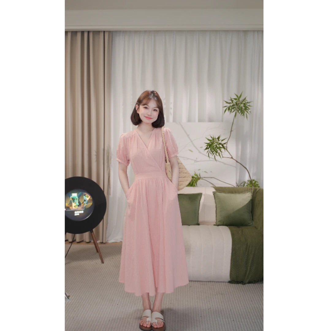 瞌睡兔定制【樱花手信】夏季法式气质收腰显瘦通勤粉色温柔连衣裙