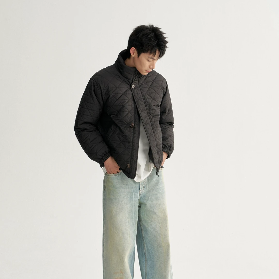 老钱立领三角绗线男士短款保暖羽绒服F147