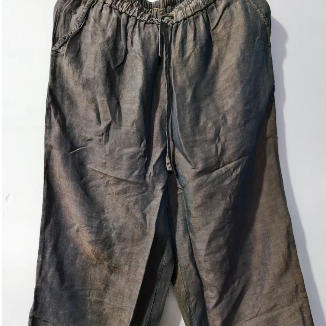 新款色织汉麻渐变色直筒裤