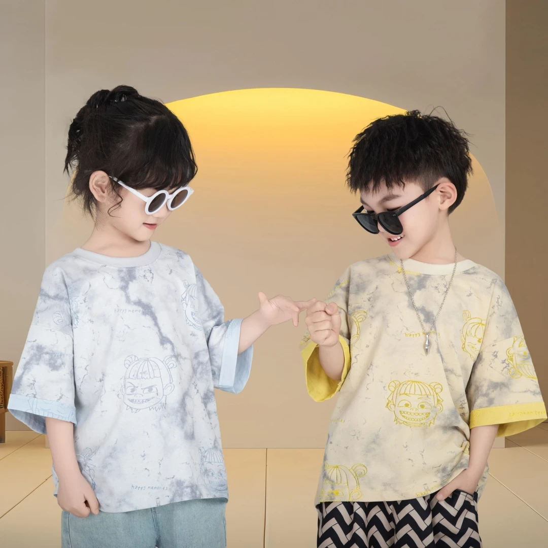 男童女童短袖双色彩拔工艺烧花哪吒设计中性款夏季上衣