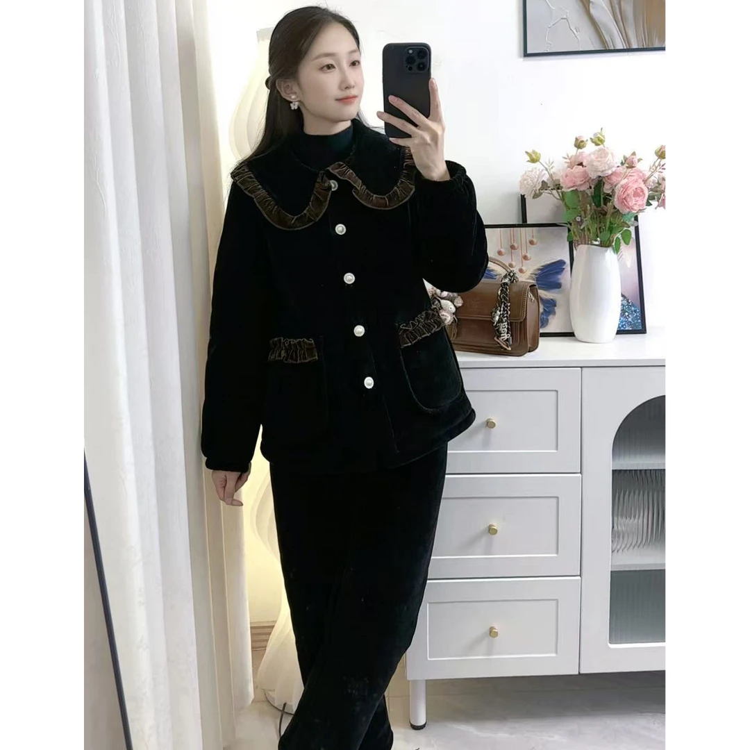 《直筒款》冬季外穿休闲咖色娃娃领花边套装睡衣加厚家居服保暖套装