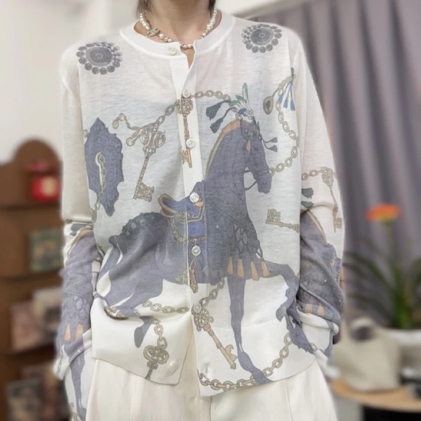 水溶羊毛女士印花薄款宽松型针织开衫百搭休闲复古气质