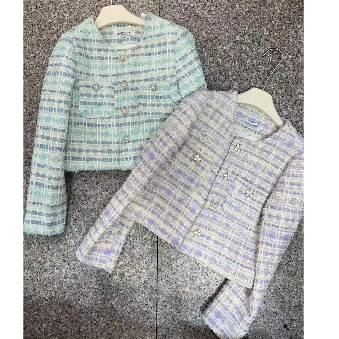 温婉气质温柔甜美小香风外套时尚圆领紫色格子上衣春季YM1327