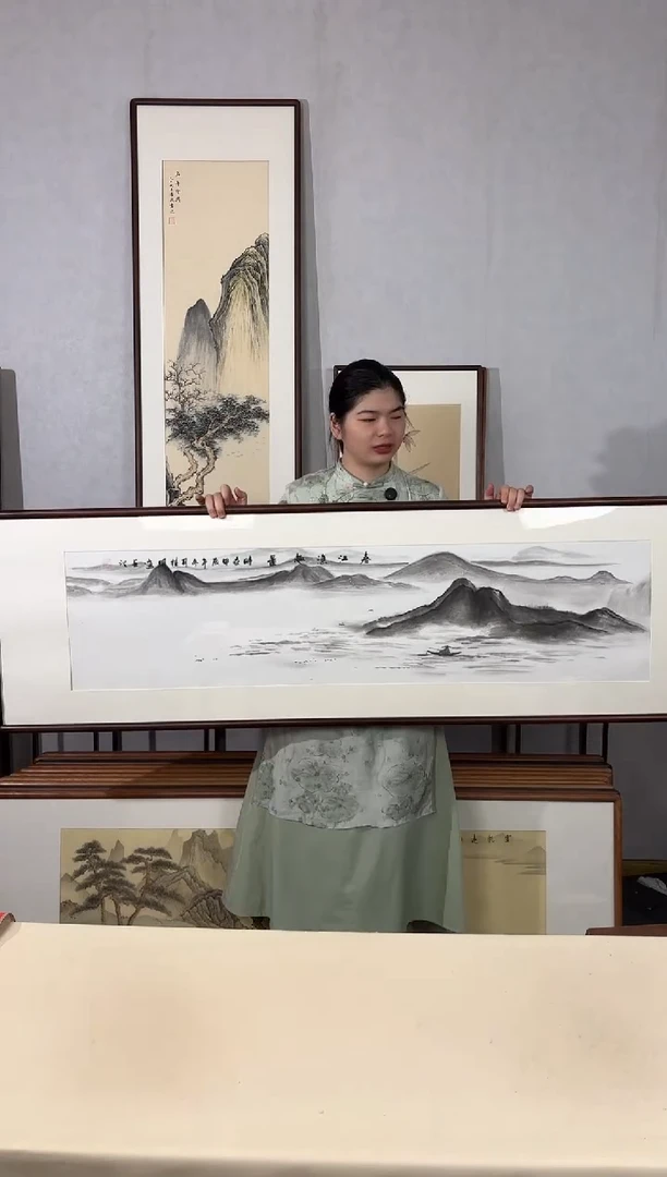 国画手绘*春江渔趣*52*172cm实木框