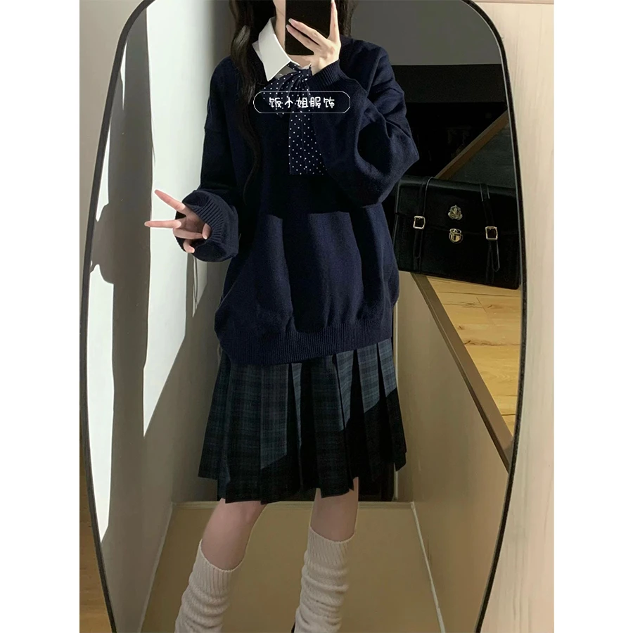 海苔jk制服复古学院风冬季套头毛衣针织衫古早味叠穿jk长裙套装女