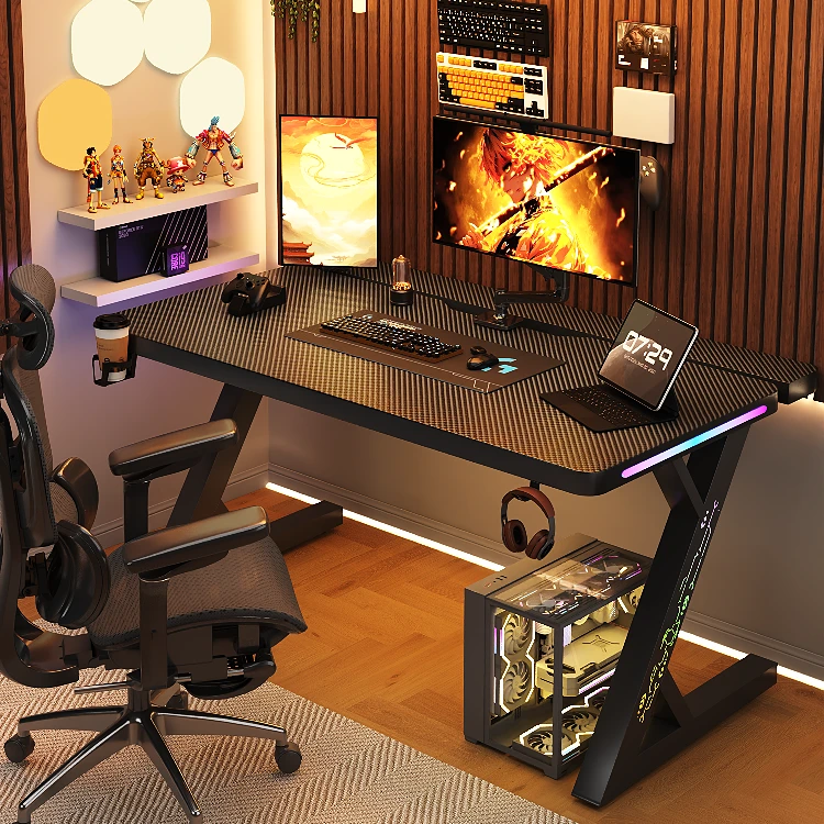 卧室电脑桌实木台式电竞桌碳纤维纹理卧室家用一体书桌桌子工作台