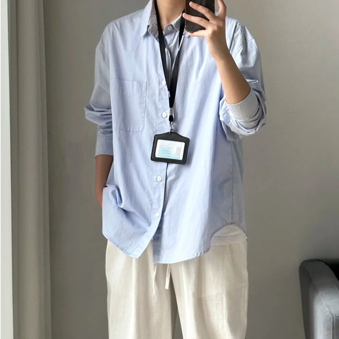 春秋重磅白衬衫纯色外穿短袖宽松浅蓝黑色外穿显瘦男士衬衫外套