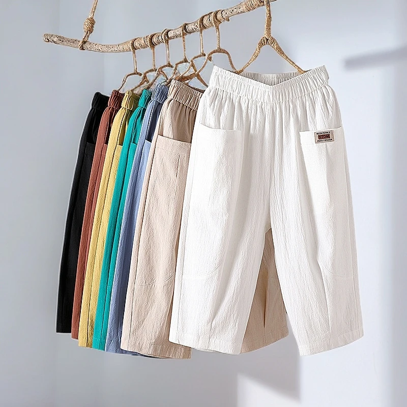 棉麻七分裤女夏季外穿亚麻中老年人大码休闲裤简约宽松高腰哈伦裤