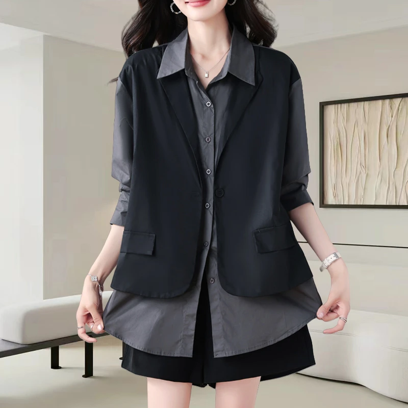 设计感百搭马甲拼接衬衣女士2025秋季新款时尚大码显瘦假两件衬衫