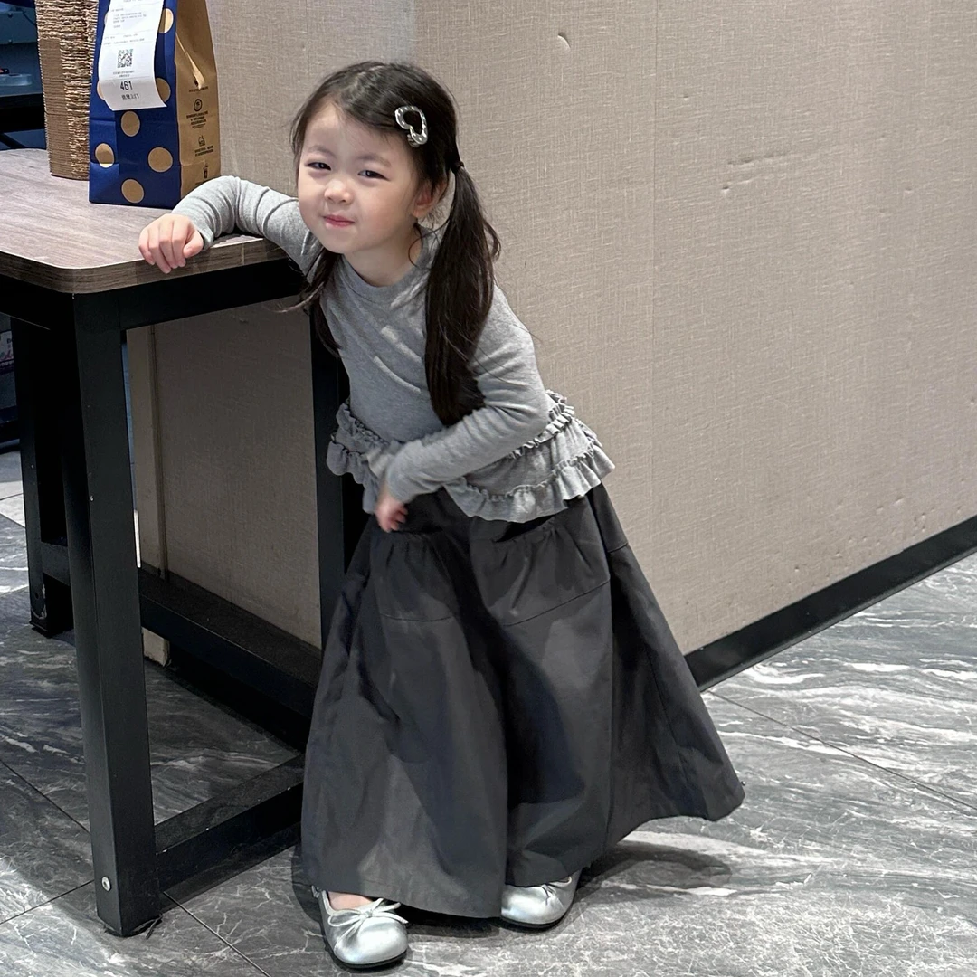 《现货》女童2025早秋新款韩版休闲纯色洋气花边T恤气球裤套装